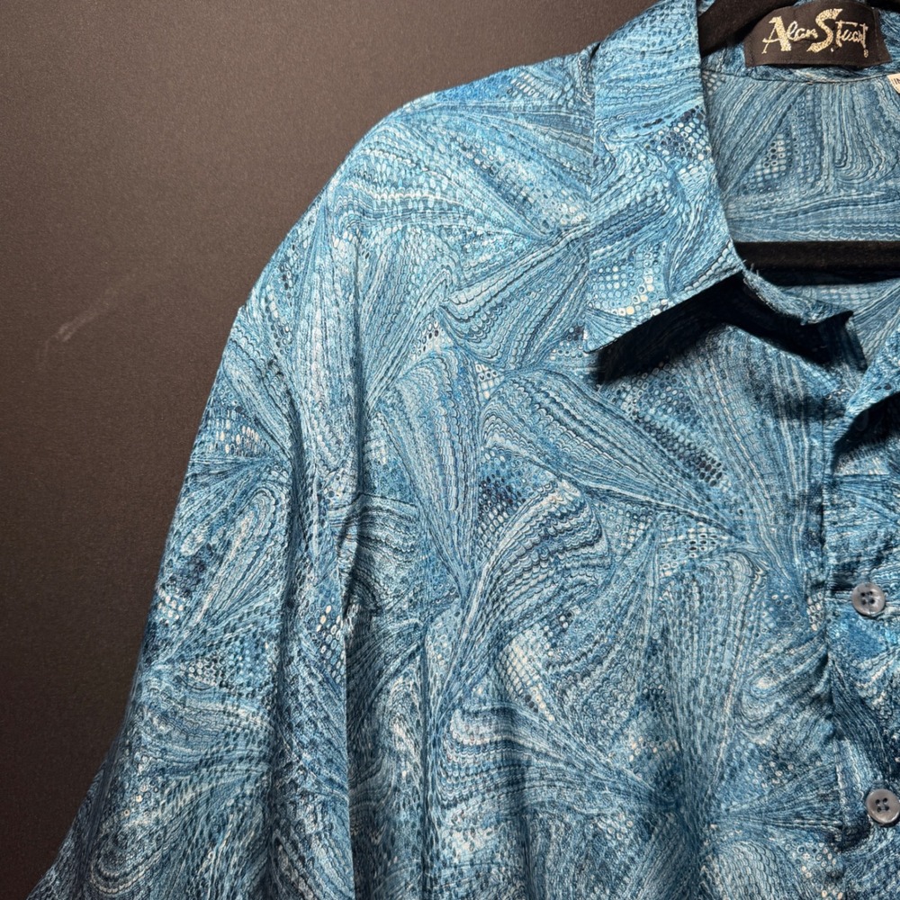 VTG Alan Stuart Polo Shirt Mens Large Blue Shiney Marbled Snake Print Banded Mob - Picture 2 of 14